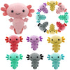 A collection of colorful axolotl plush toys in various shades including pink, yellow, purple, green, and gray.