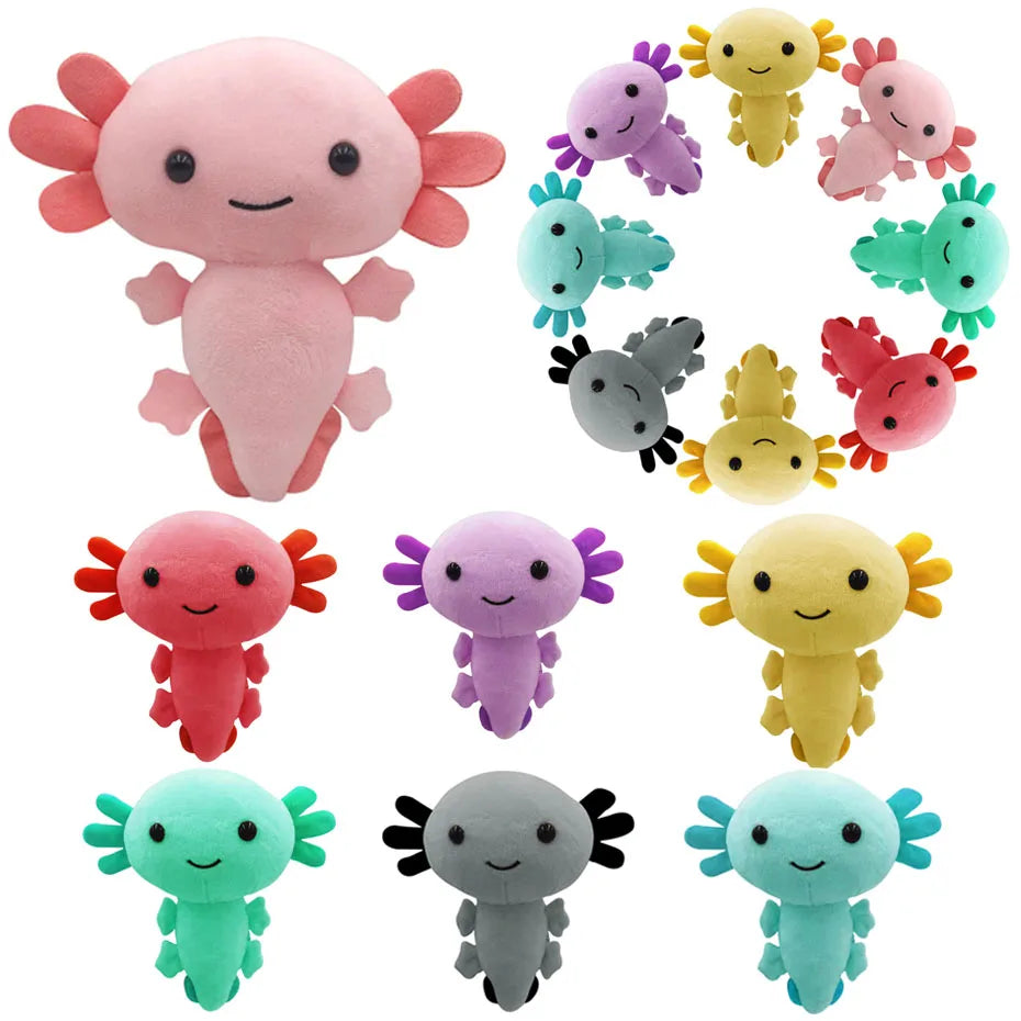 A collection of colorful axolotl plush toys in various shades including pink, yellow, purple, green, and gray.