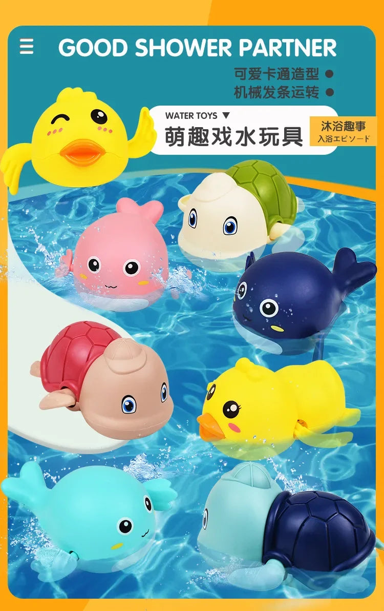 Spring-Powered Bath Toys for Kids – Cute Turtle, Duck, and Whale Water Toys