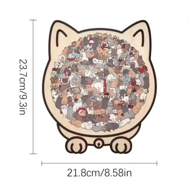 A cat-shaped wooden jigsaw puzzle featuring 135 unique pieces.