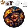 A jigsaw puzzle featuring a woman with long hair wearing a witch hat and surrounded by pumpkins.