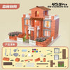 A model brick building set featuring an orange and white facade with decorative elements and landscaping features.