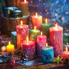 A collection of glowing liquid candles in various colors, including pink, green, and purple, set on a wooden surface with pin