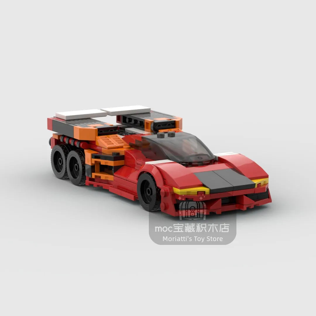 A red and black classic supercar model built from building blocks.