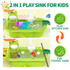 A green 2 in 1 play sink for kids featuring a kitchen sink and a fun fishing game.