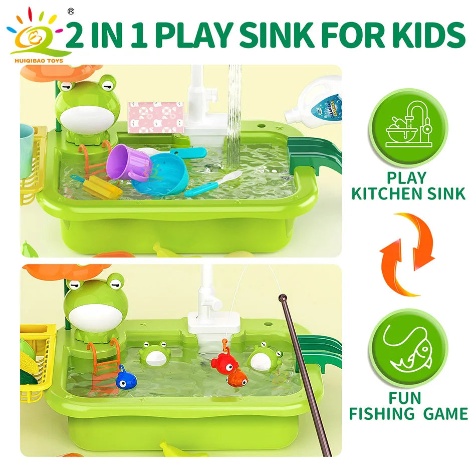 A green 2 in 1 play sink for kids featuring a kitchen sink and a fun fishing game.