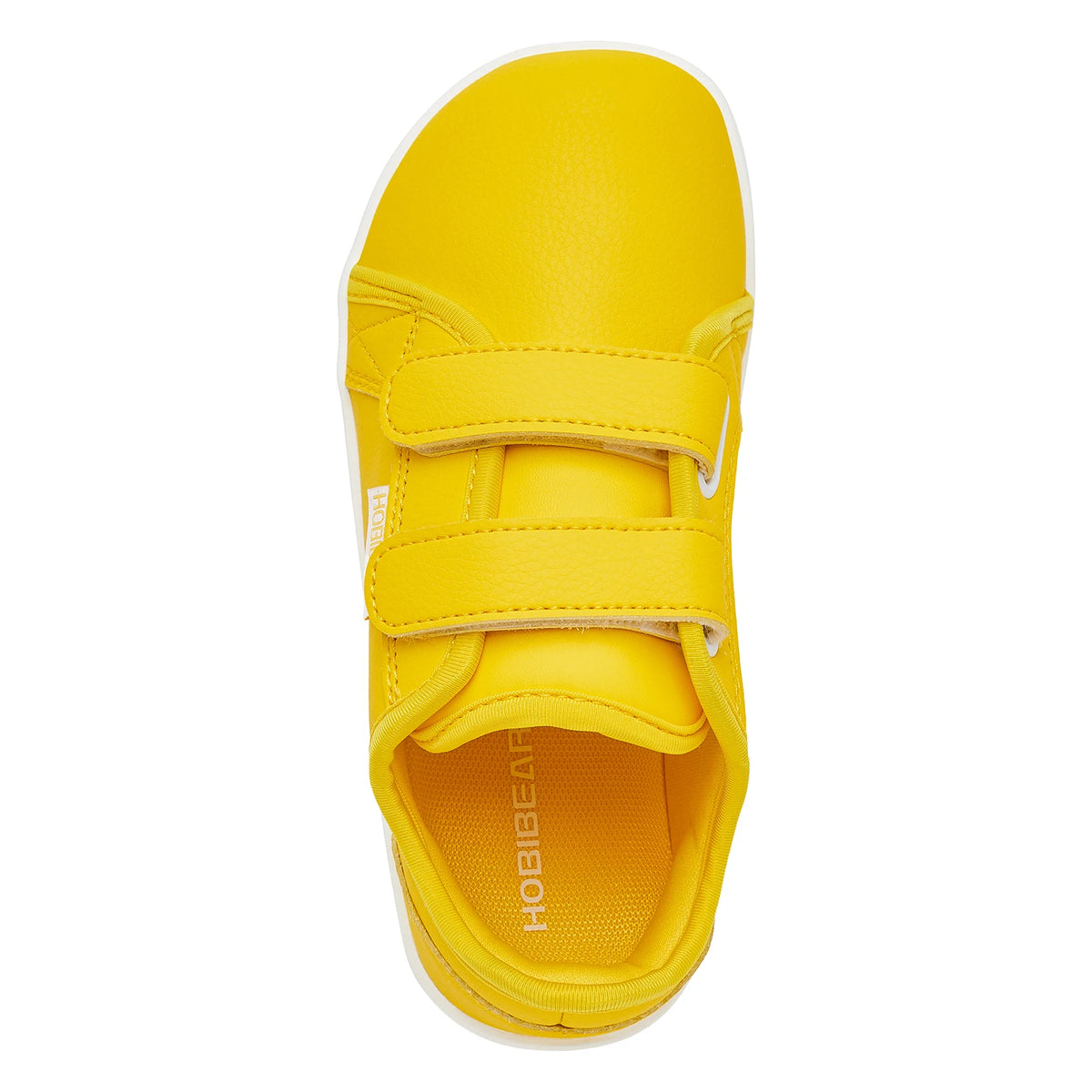 A bright yellow pair of kids barefoot sneakers with double hook-and-loop straps.