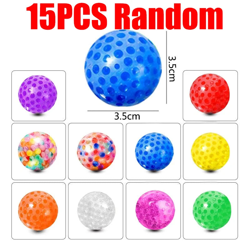 A collection of 15 random colored stress balls including purple, red, yellow, green, and white spheres.