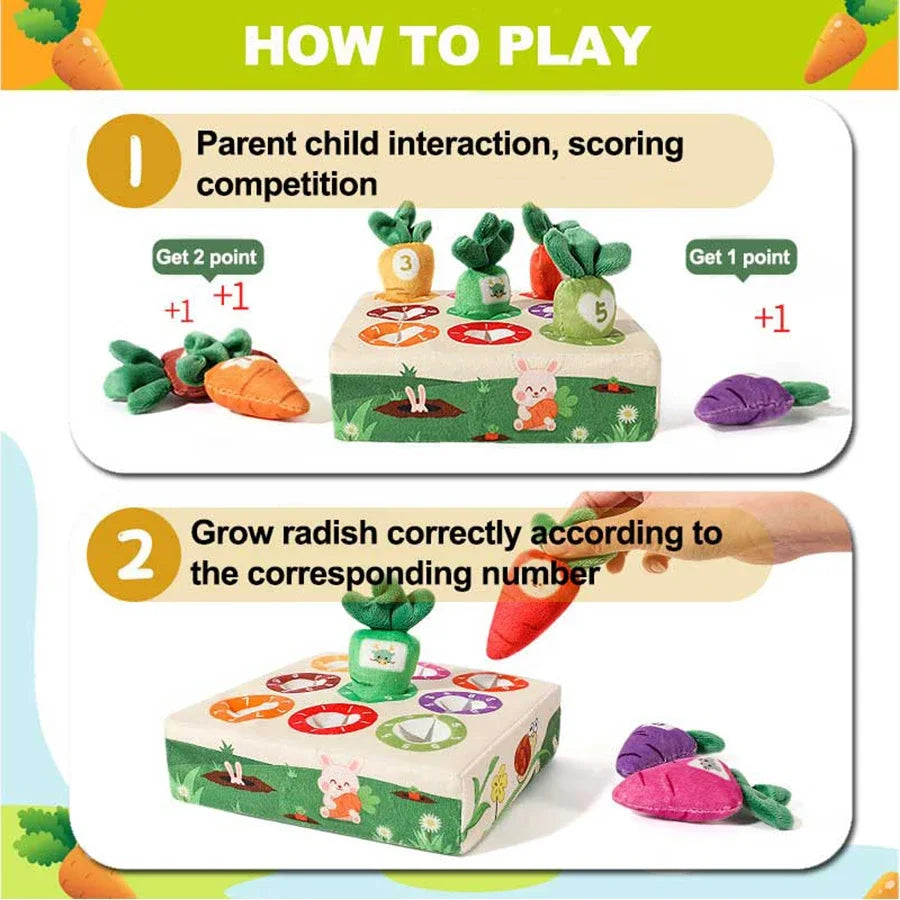Instructions for playing a Montessori carrot pull toy game involving parent-child interaction and scoring points.