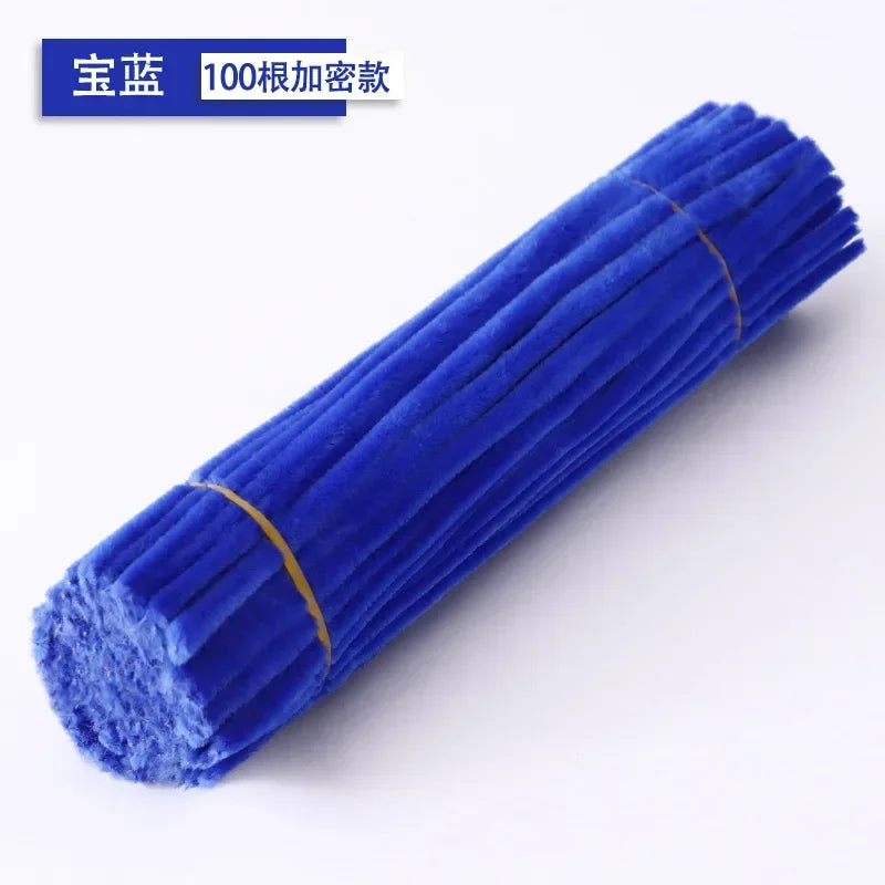 A bundle of bright blue chenille stems used for crafting.