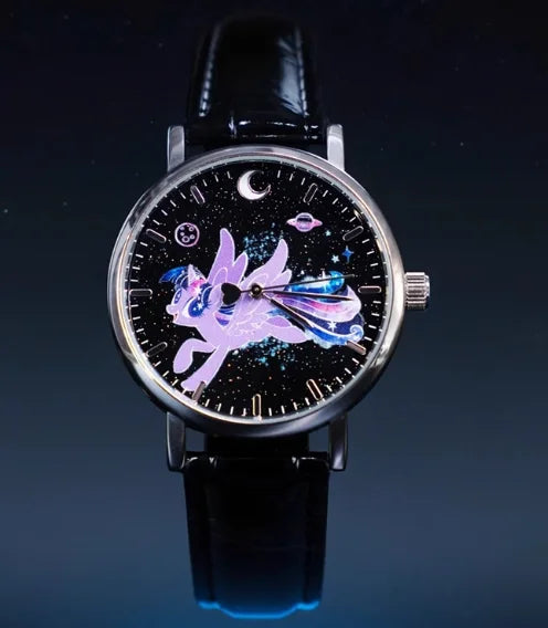 A black watch with a silver bezel featuring a cosmic design of a winged unicorn against a dark background.
