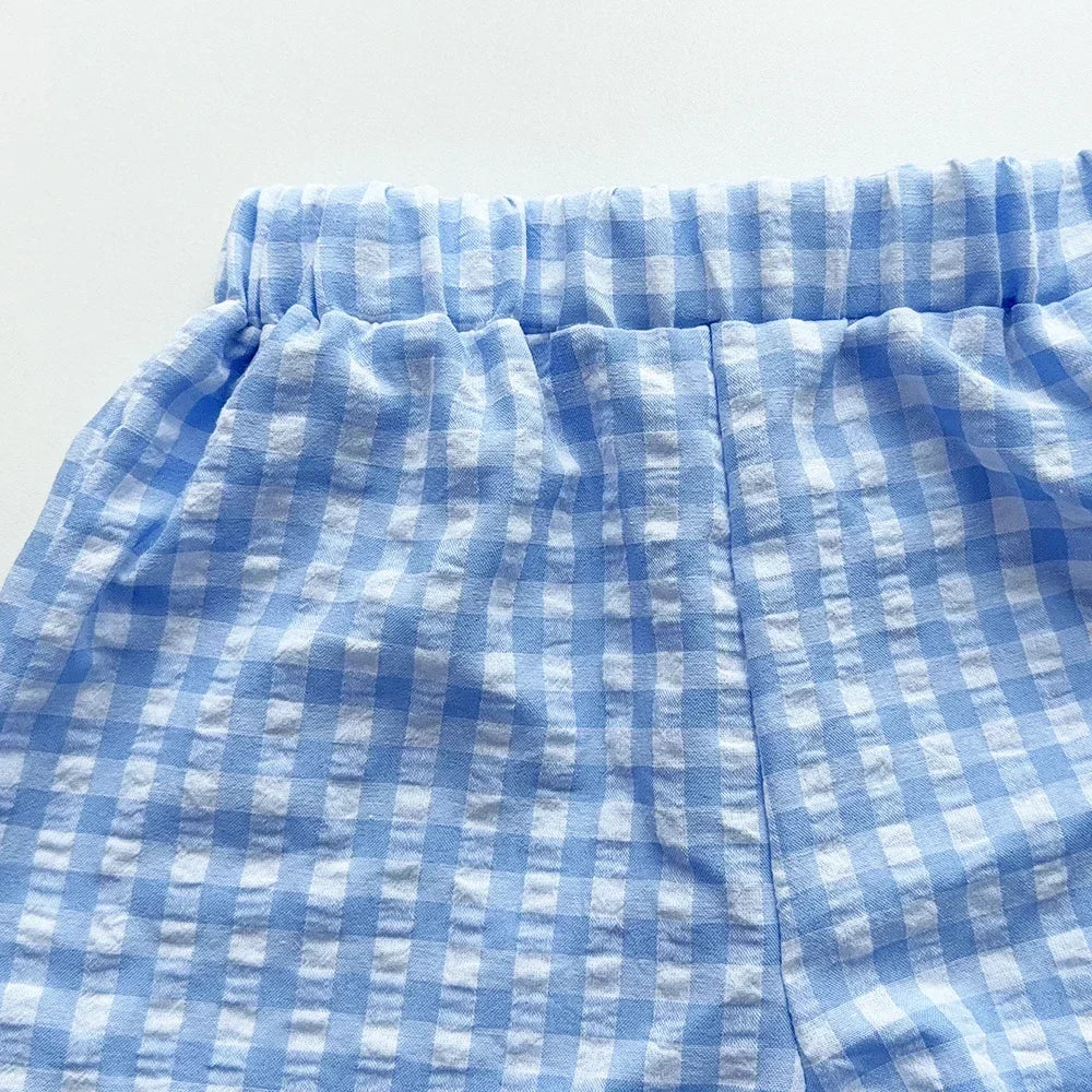 Girls' blue and white checkered lace vest and wide-leg pants set