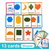 A set of 13 colorful flashcards showing various geometric shapes like circle, heart, hexagon, and star.