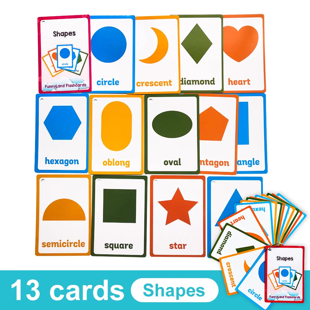 A set of 13 colorful flashcards showing various geometric shapes like circle, heart, hexagon, and star.