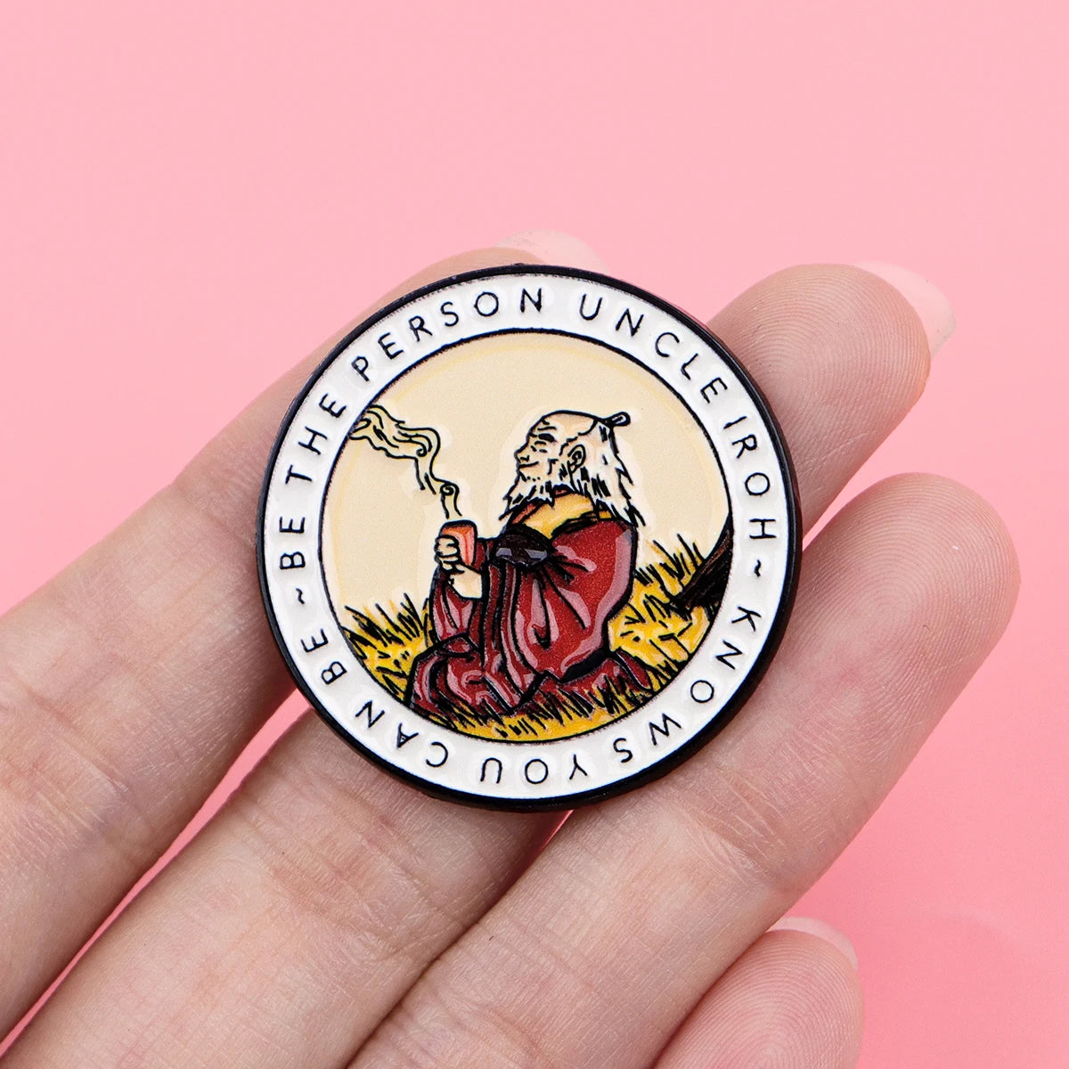 A round enamel pin featuring a stylized depiction of a bear with smoke and text around the edge.