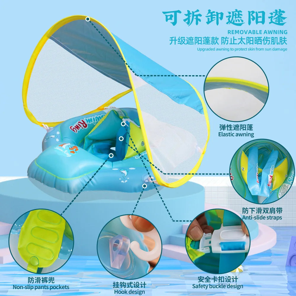 Blue inflatable baby seat ring with a yellow sunshade canopy and various safety features shown.