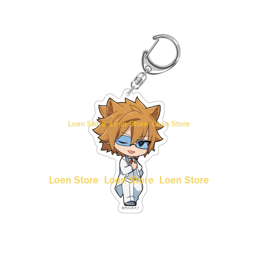 Chibi acrylic keychain of a spiky orange-haired character with blue eyes wearing a white shirt and tie.
