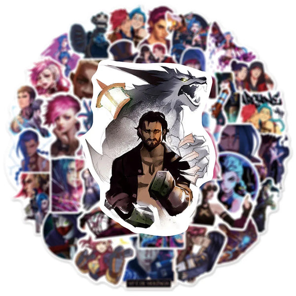 A circular arrangement of cartoon and anime-style decals featuring characters and a dragon head.