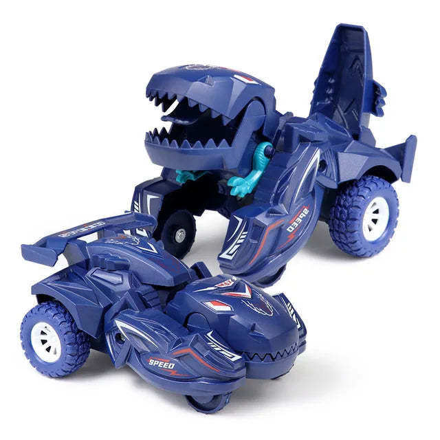 A blue dinosaur transforming car toy with a green accessory and a separate vehicle body.