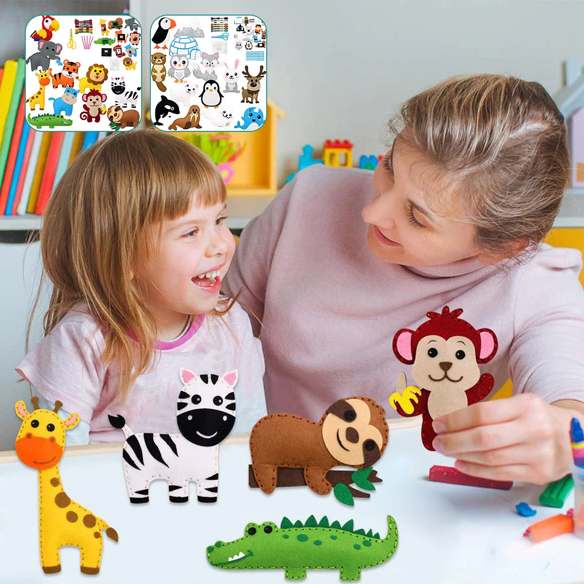 A young girl and woman look at a felt sewing kit featuring various woodland animals like a giraffe, zebra, bear, and dinosaur