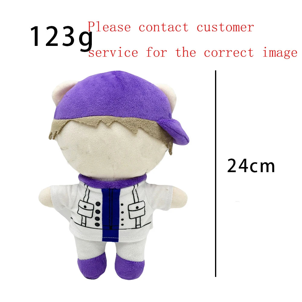 A purple and white collectible plush doll resembling a person wearing a purple hat and a white jacket.