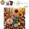 A wooden jigsaw puzzle featuring a vibrant floral pattern, sold with a wall mounting kit and nano glue.