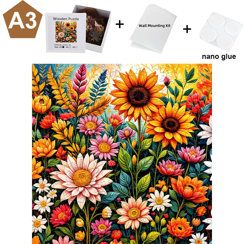 A wooden jigsaw puzzle featuring a vibrant floral pattern, sold with a wall mounting kit and nano glue.