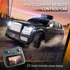 A black 4WD remote control drift car is shown driving on a track with an attached FPV camera and smart controller.