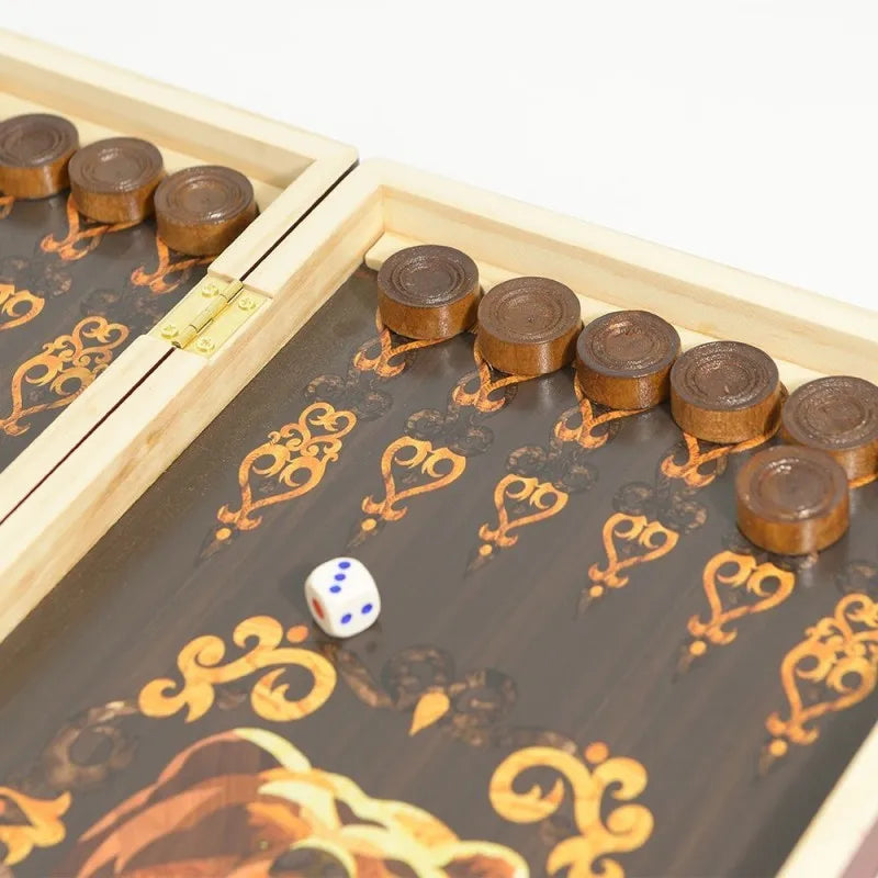 A wooden folding game board with carved designs and several wooden pieces for a chess or checkers game.