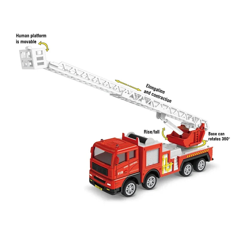 Diecast fire truck toy with a movable platform and ladder mechanism.