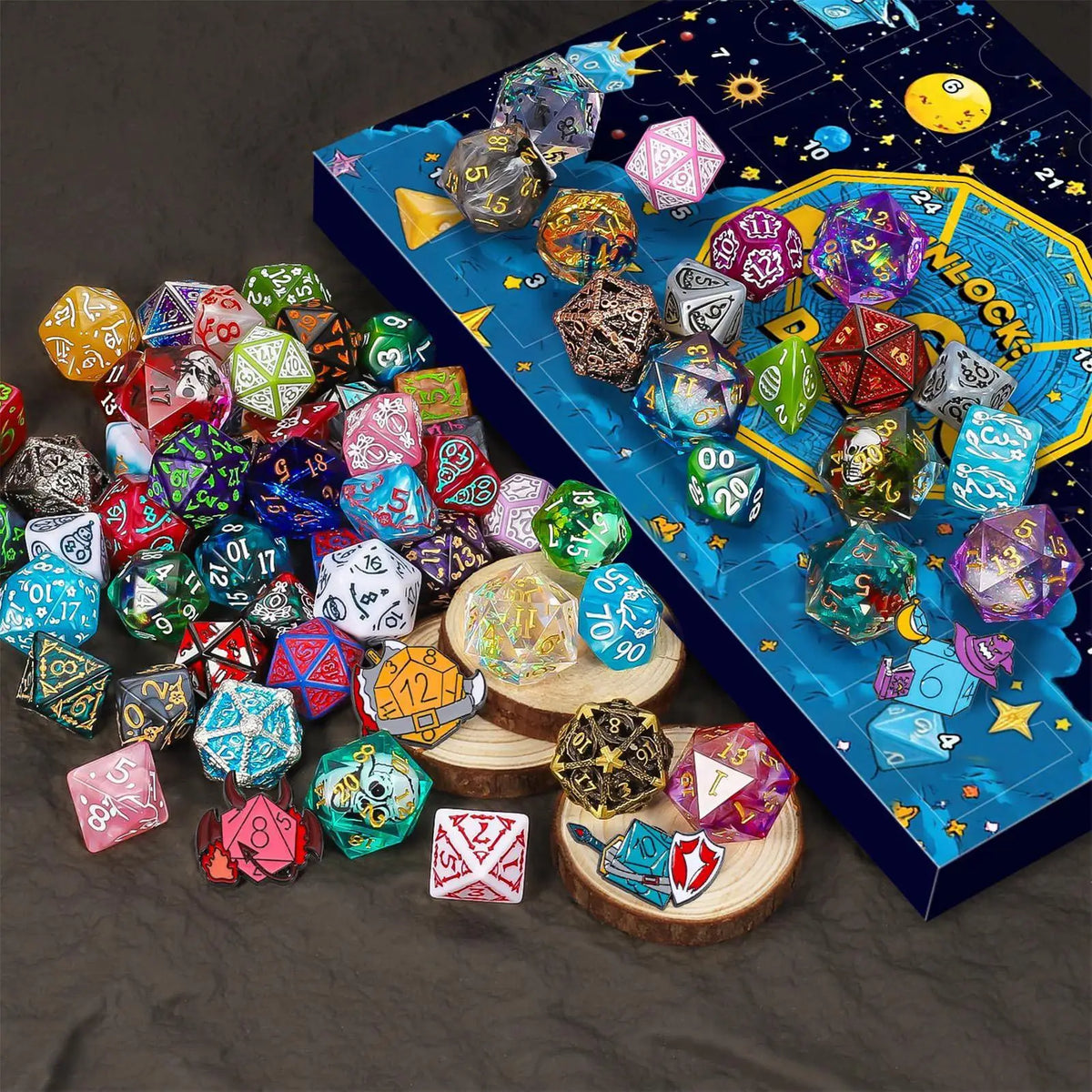 A collection of colorful dice is displayed inside a blue box with a starry theme for a holiday countdown game.