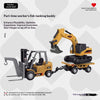 A yellow and black engineering vehicle set with a fishing rod attached, designed for part-time workers.