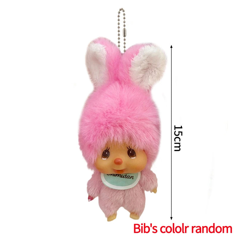 Pink fluffy bunny plush cartoon keychain charm with a small tag