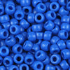 A close-up view of small, round blue pony beads for jewelry making and crafts.