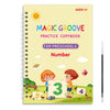 A yellow spiral notebook titled Magic Groove Practice Copybook for Preschools showing the number 3 and 4.