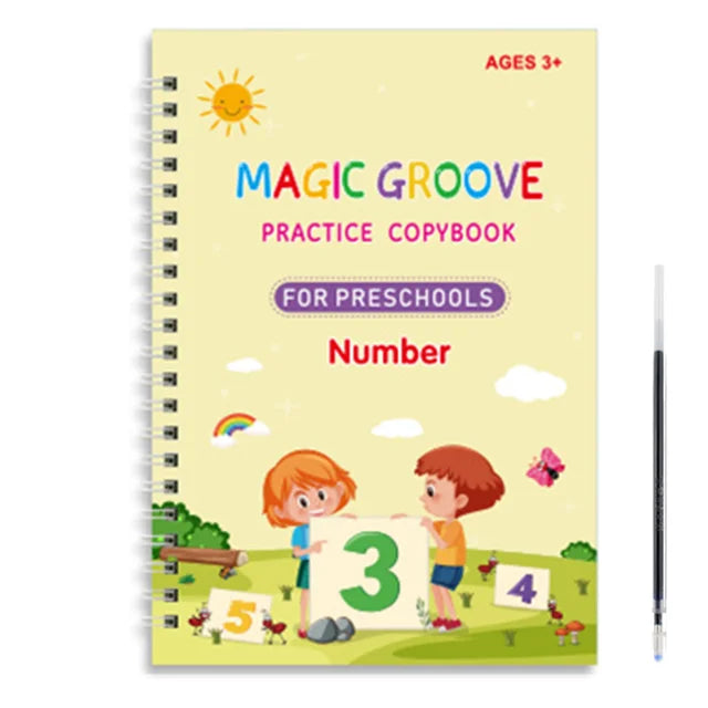 A yellow spiral notebook titled Magic Groove Practice Copybook for Preschools showing the number 3 and 4.