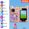 A pink kids' touchscreen phone with a unicorn design is shown next to a pink cat-like figure and a lanyard.