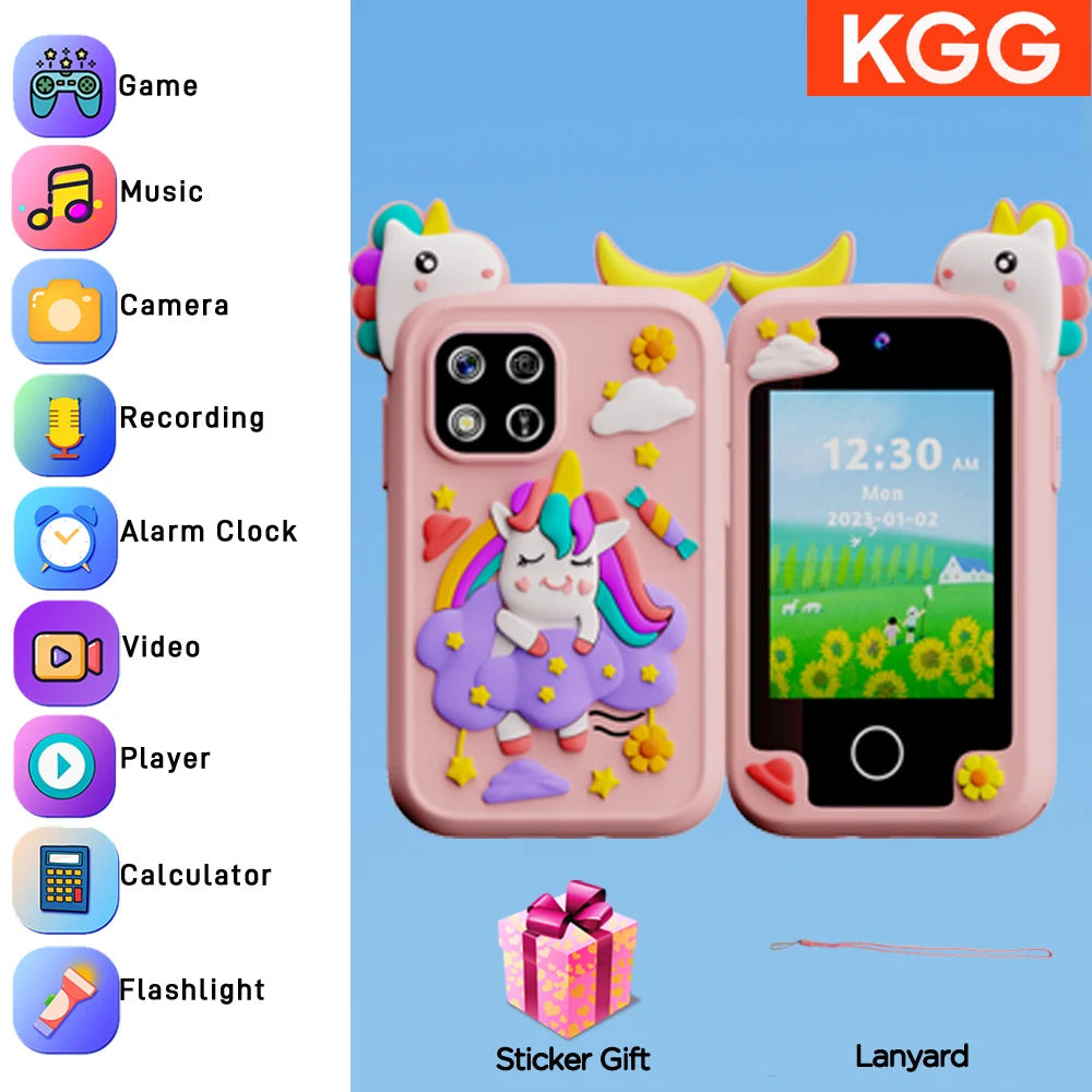 A pink kids' touchscreen phone with a unicorn design is shown next to a pink cat-like figure and a lanyard.