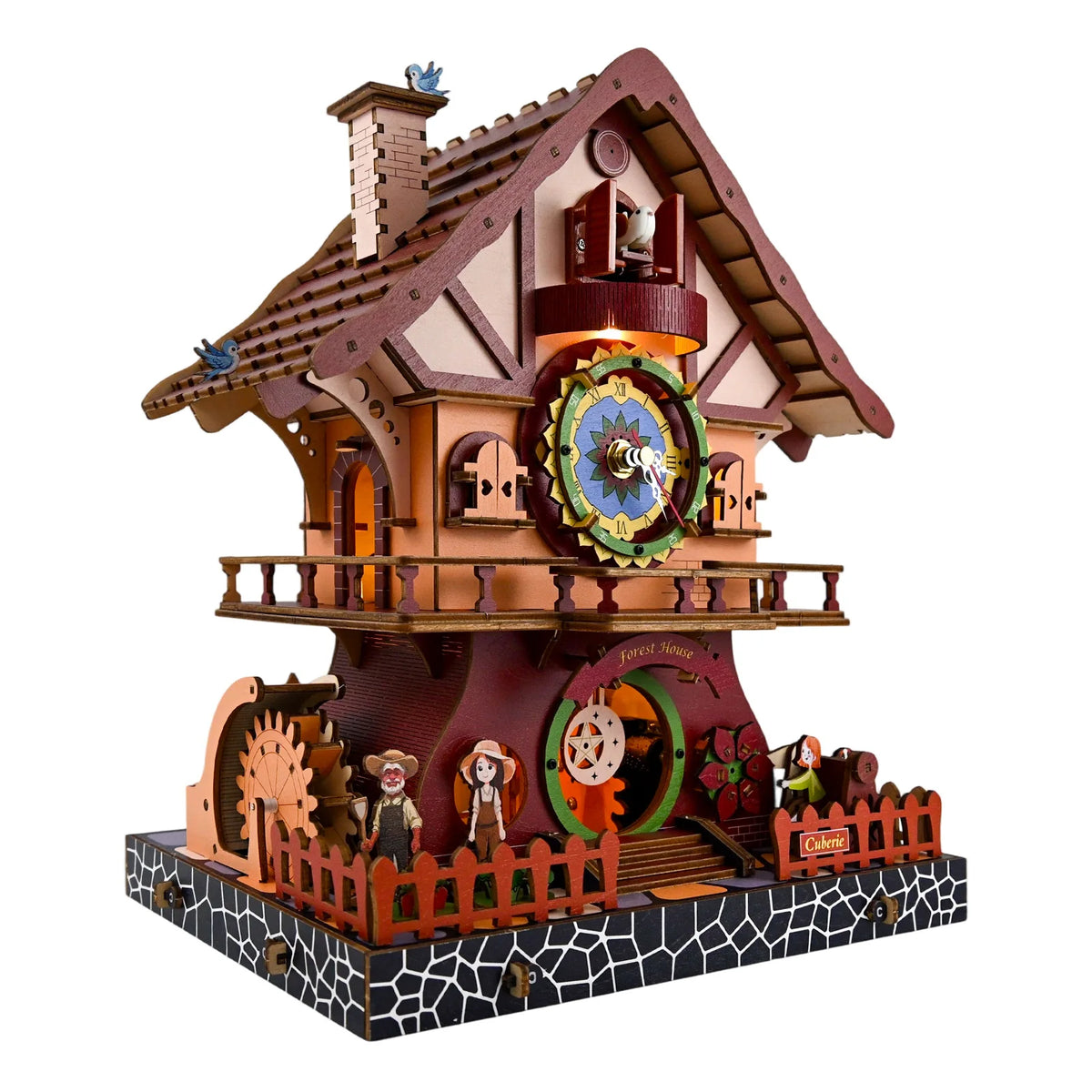 A wooden cuckoo clock puzzle kit featuring a house structure, clock face, and small figures.