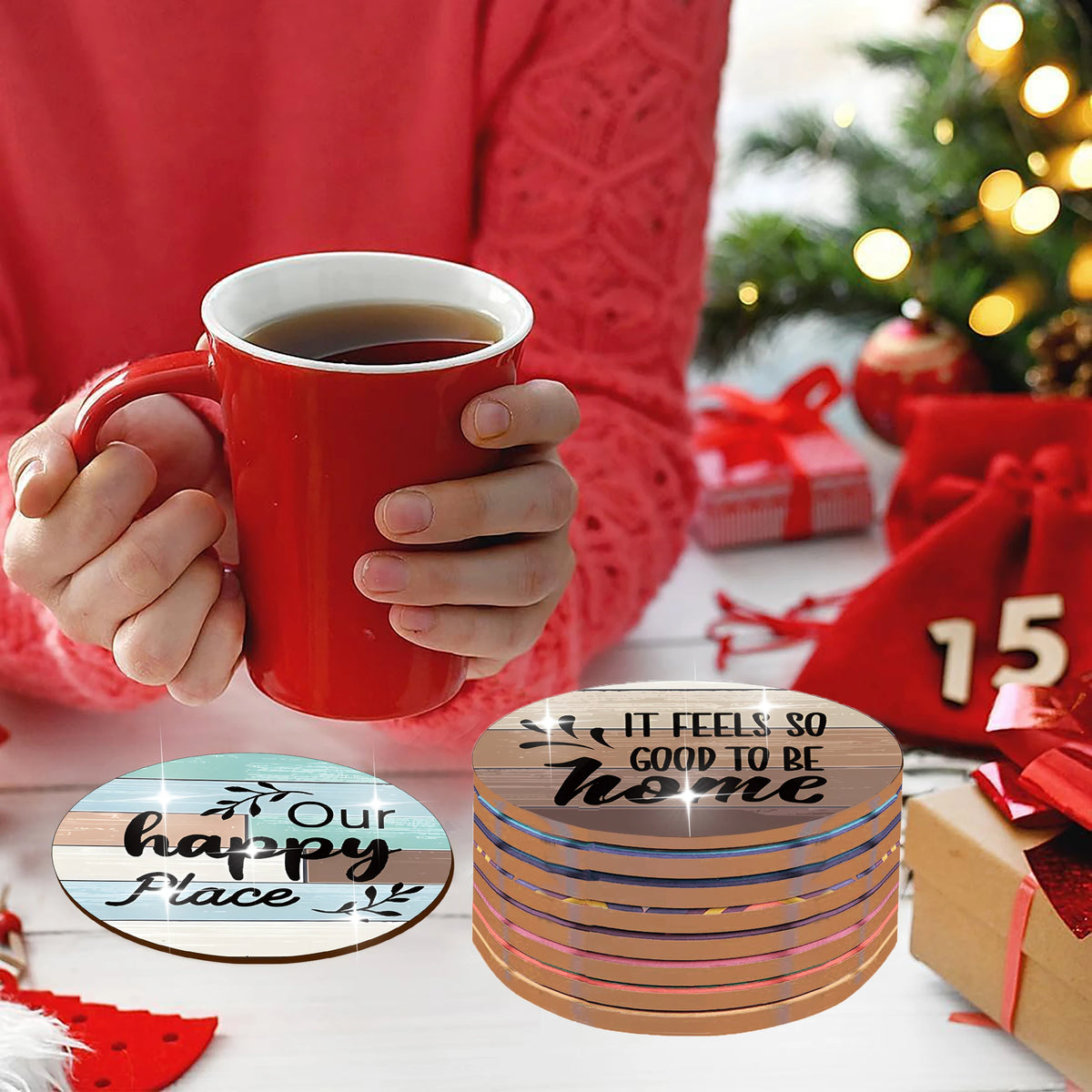 Set of 8 Decorative Wooden Coasters with English Print