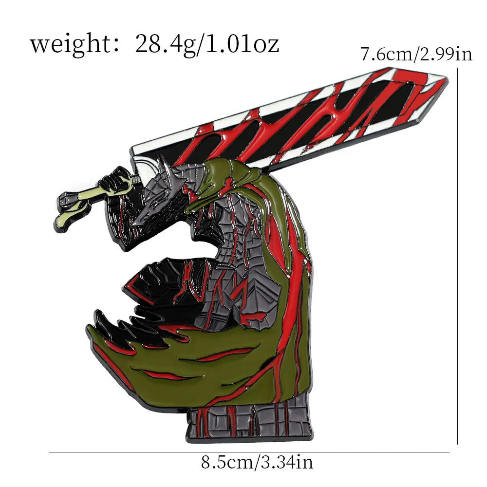 Enamel lapel pin of a fierce beast with a sword and flowing hair in green and black.