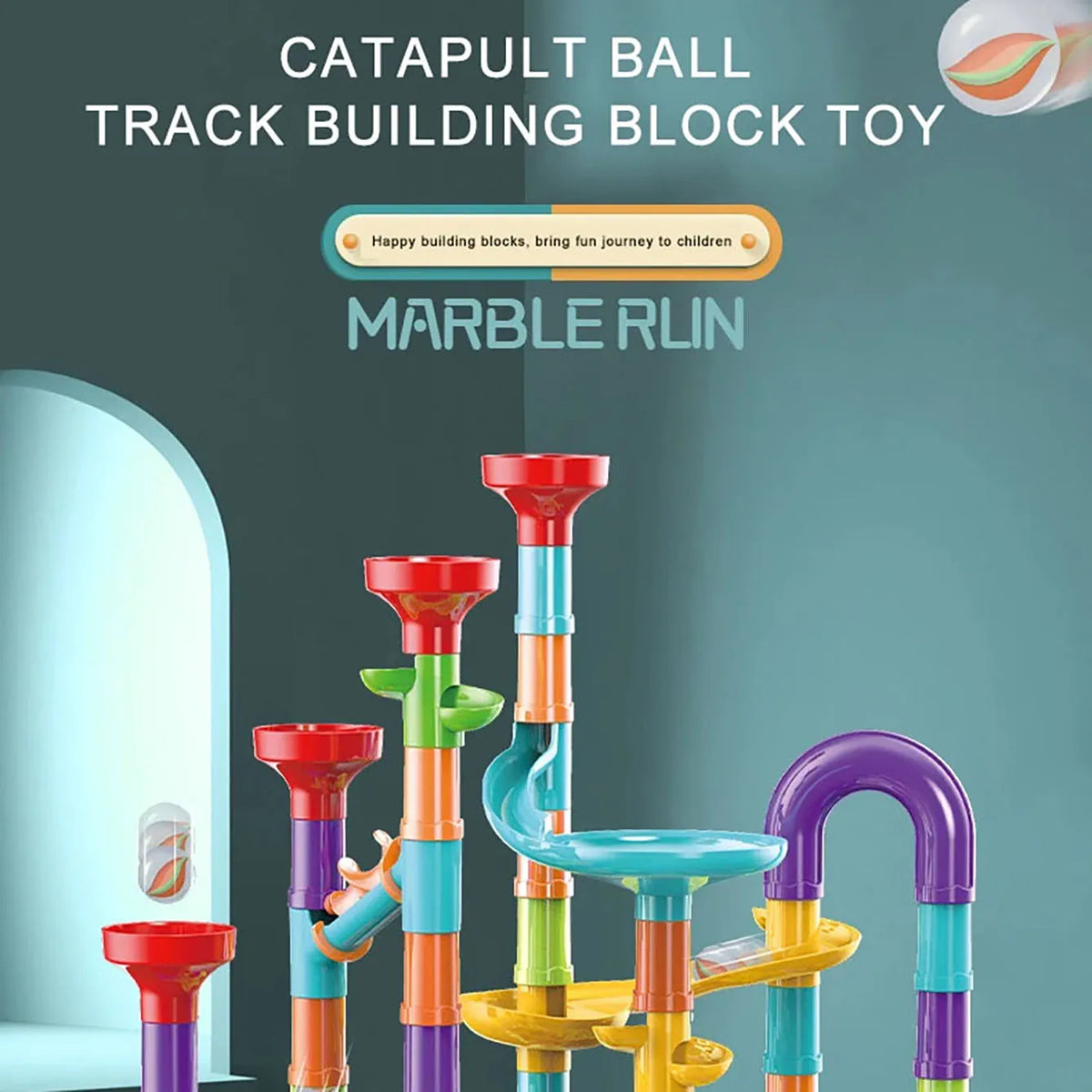 A colorful catapult ball track building block toy featuring various colored plastic pieces and marble run components.