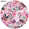 A collection of pink and glittery cartoon stickers featuring various phrases and designs.