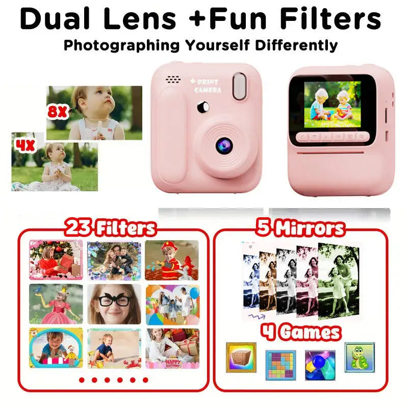 Pink instant print camera with dual lens and fun filters, showing various photo and game options.