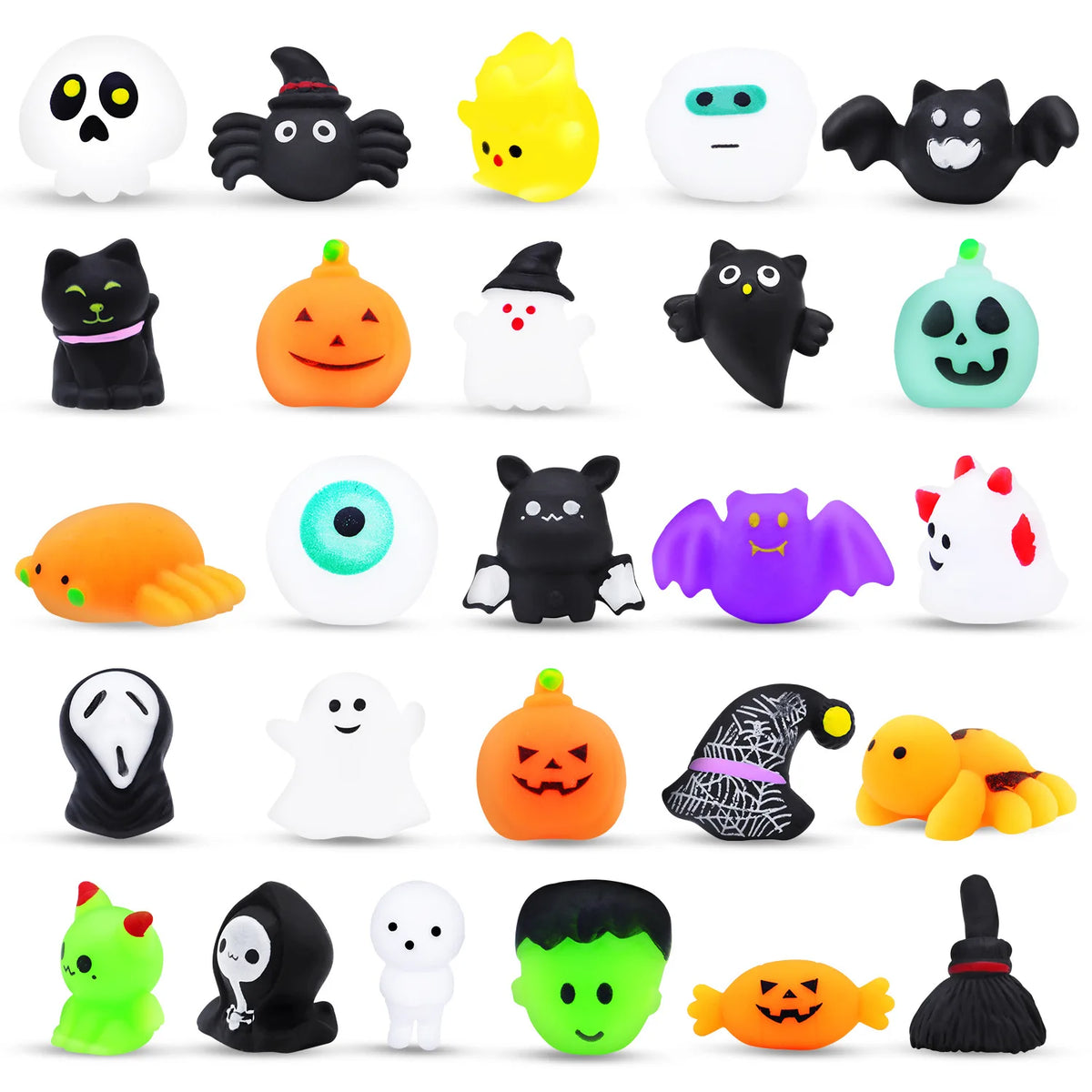 A collection of ten Halloween-themed fidget toys including skulls, pumpkins, cats, and ghosts in various colors.