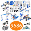 A collection of blue and black motorized building blocks, gears, and components for a STEM kit.