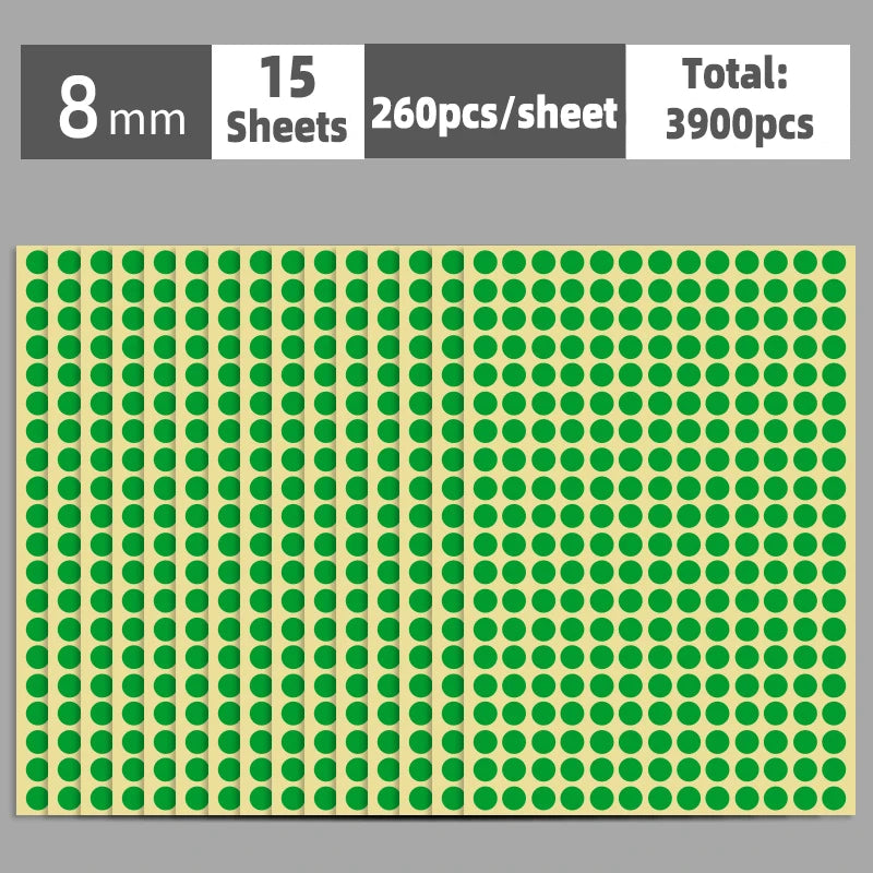 A sheet of round green self-adhesive dot labels with a light yellow background.
