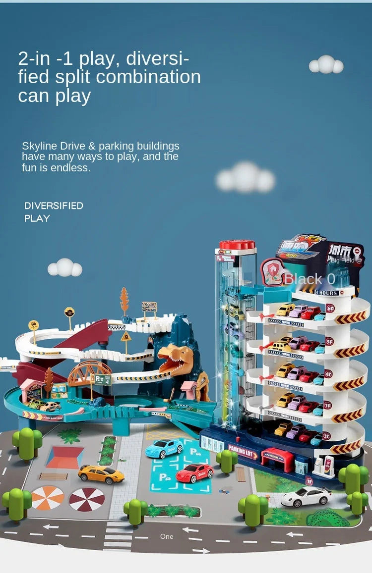A 2-in-1 play set featuring a dinosaur rail car adventure with building and parking lot elements.
