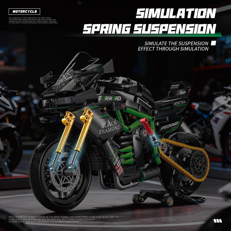 A black motorcycle model with green accents and gold details is shown in a studio setting.