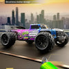 A blue and black 1:14 scale brushless RC monster truck is shown in a dynamic pose against a blurred cityscape background.